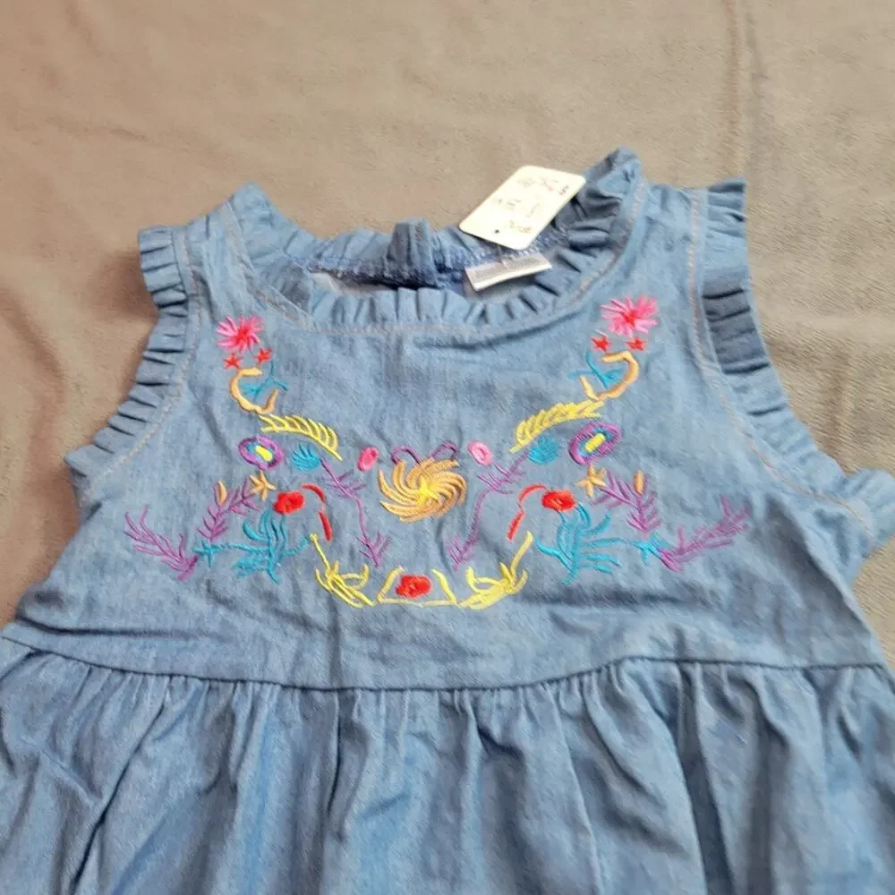 Boutique‎ Dress Girls Blue Pink Embroidered Flowers Chambray Size 18-24 Used